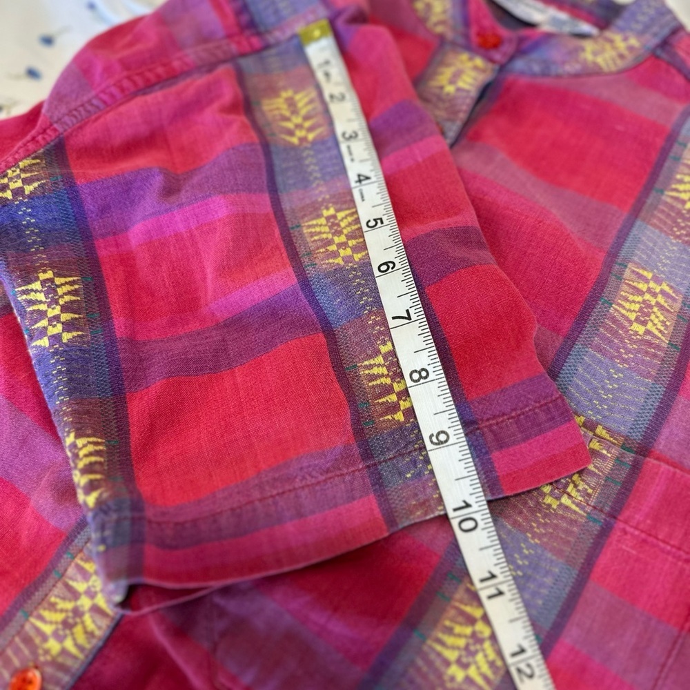 VTG Backroad Blues vivid colorful geometric pink plaid blouse mandarin collar. - Picture 5 of 10